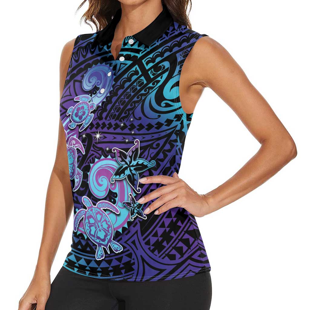 Hawaii Makahiki Turtle Women Sleeveless Polo Shirt Spiral Polynesian Tattoo