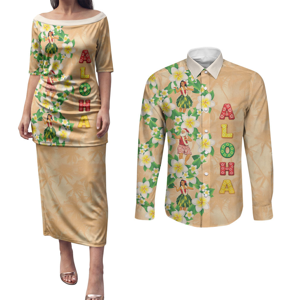 Aloha Hawaii Chilly Christmas Couples Matching Puletasi and Long Sleeve Button Shirt Tropical Vibes