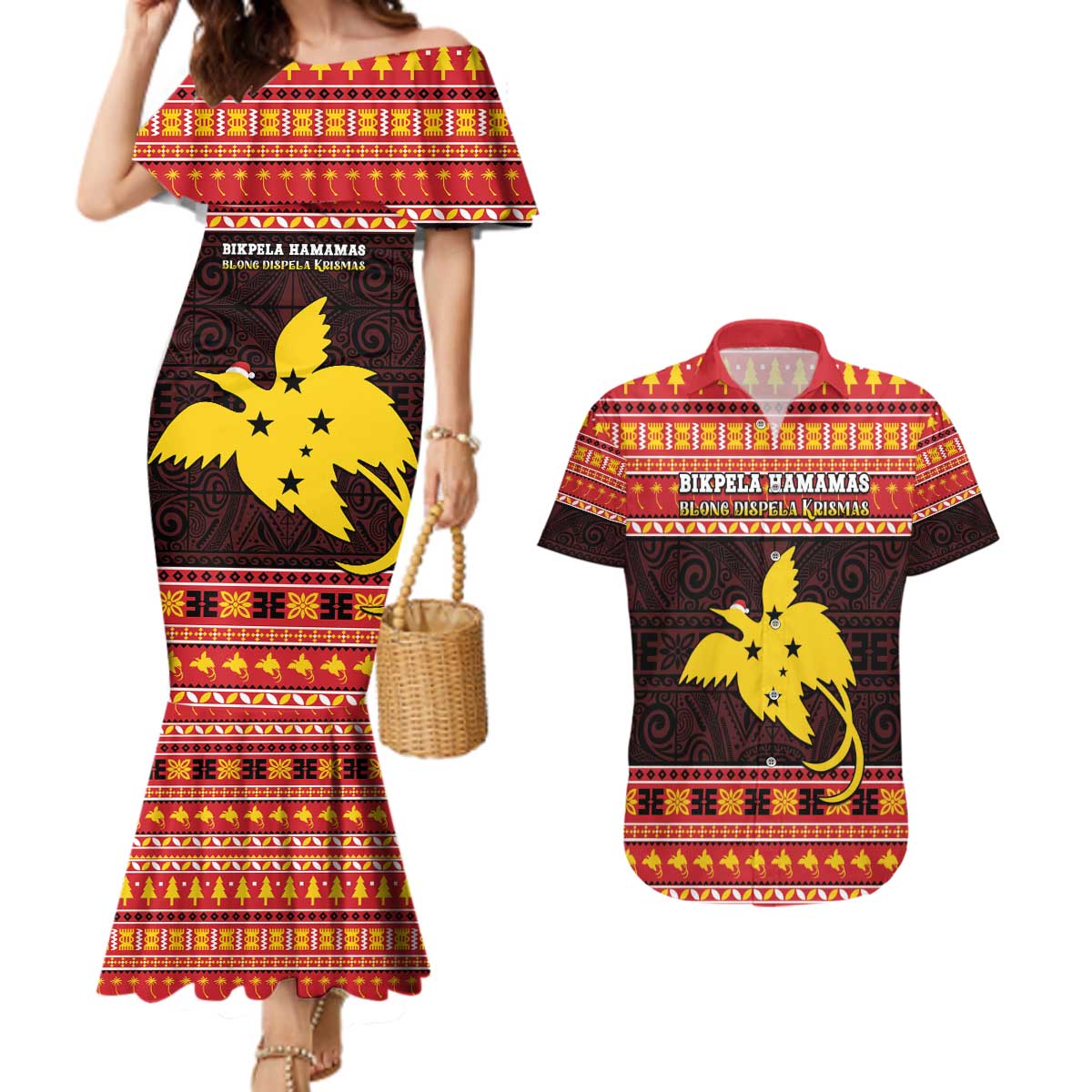 Papua New Guinea Christmas Couples Matching Mermaid Dress and Hawaiian Shirt Santa Raggiana LT05 Red - Polynesian Pride