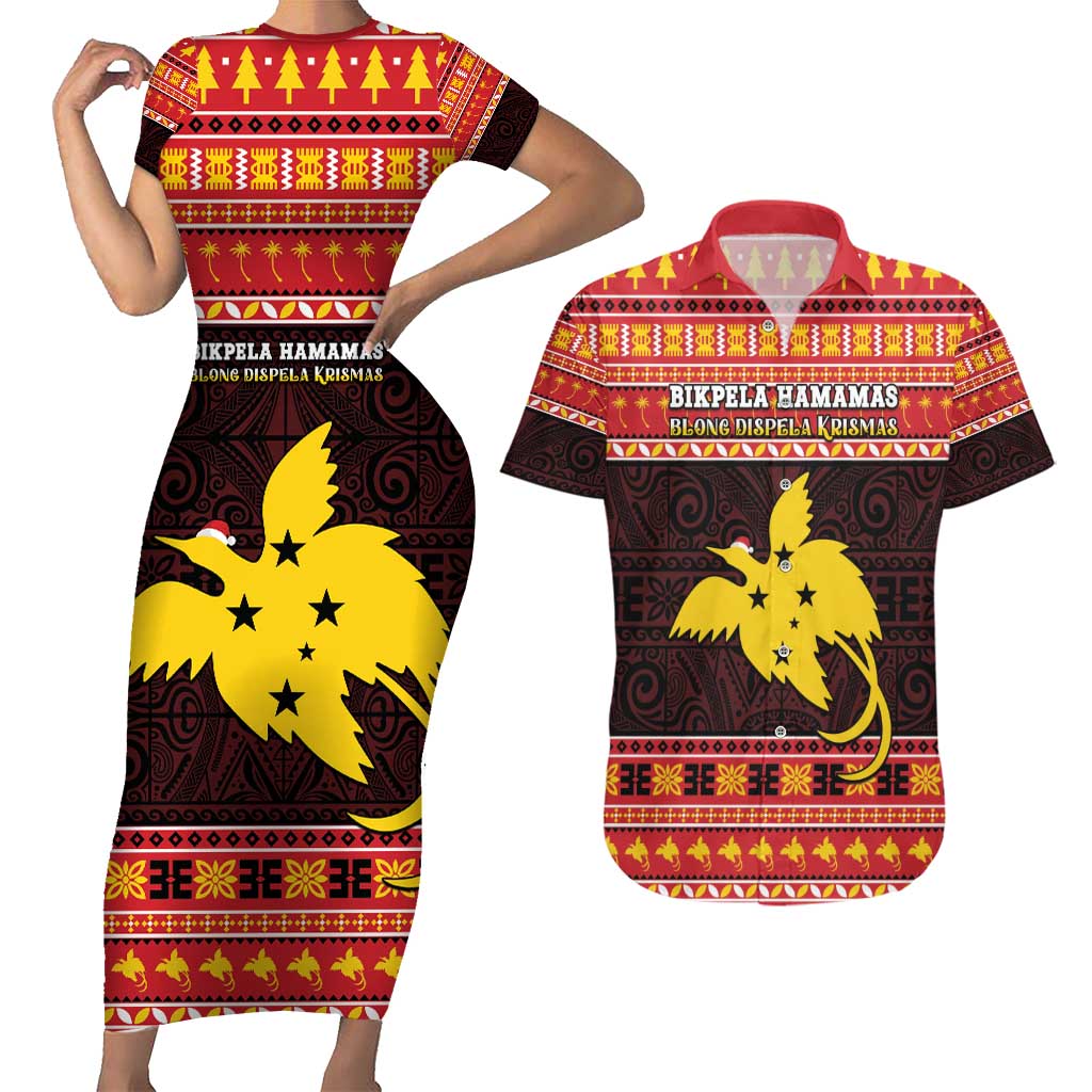 Papua New Guinea Christmas Couples Matching Short Sleeve Bodycon Dress and Hawaiian Shirt Santa Raggiana