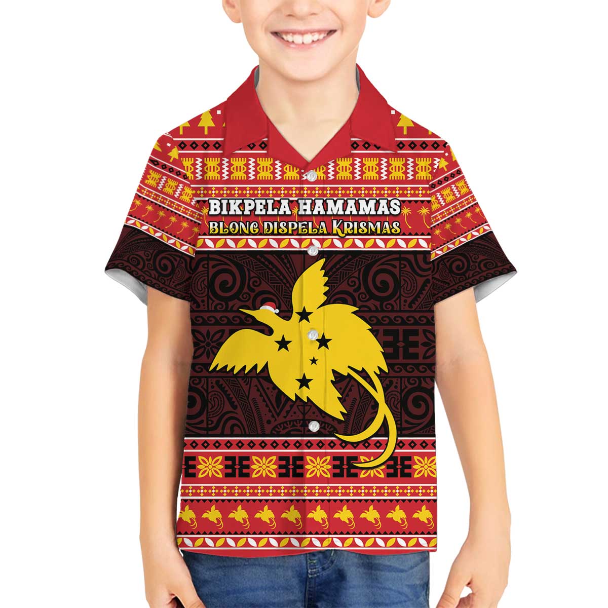 Papua New Guinea Christmas Family Matching Off The Shoulder Long Sleeve Dress and Hawaiian Shirt Santa Raggiana LT05 Son's Shirt Red - Polynesian Pride