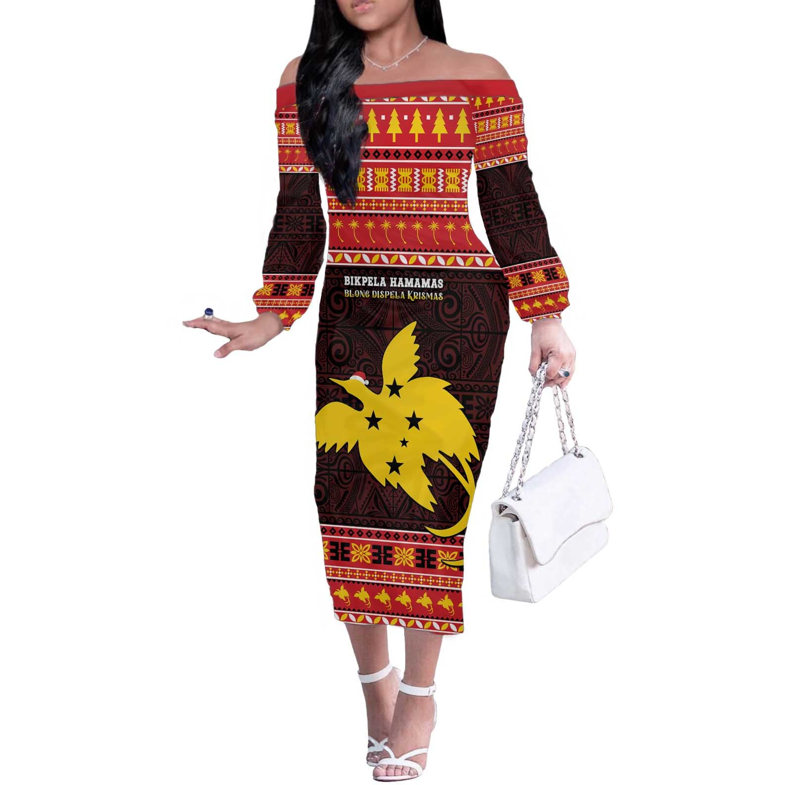 Papua New Guinea Christmas Off The Shoulder Long Sleeve Dress Santa Raggiana