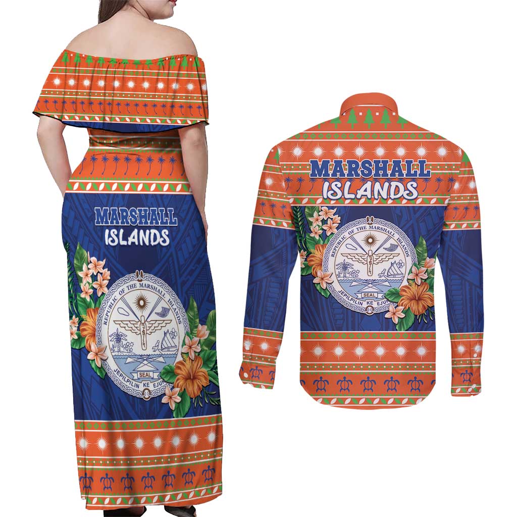 Marshall Islands Christmas Couples Matching Off Shoulder Maxi Dress and Long Sleeve Button Shirt Marshallese Seal Meddi Kirijmoj