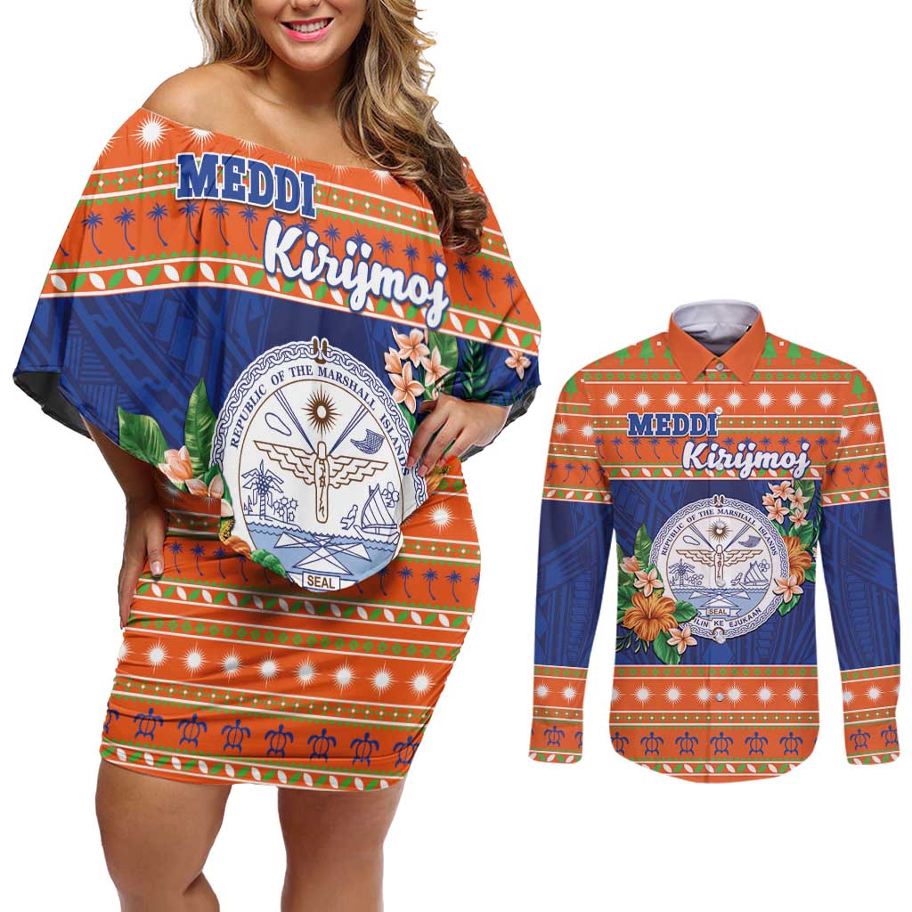 Marshall Islands Christmas Couples Matching Off Shoulder Short Dress and Long Sleeve Button Shirt Marshallese Seal Meddi Kirijmoj