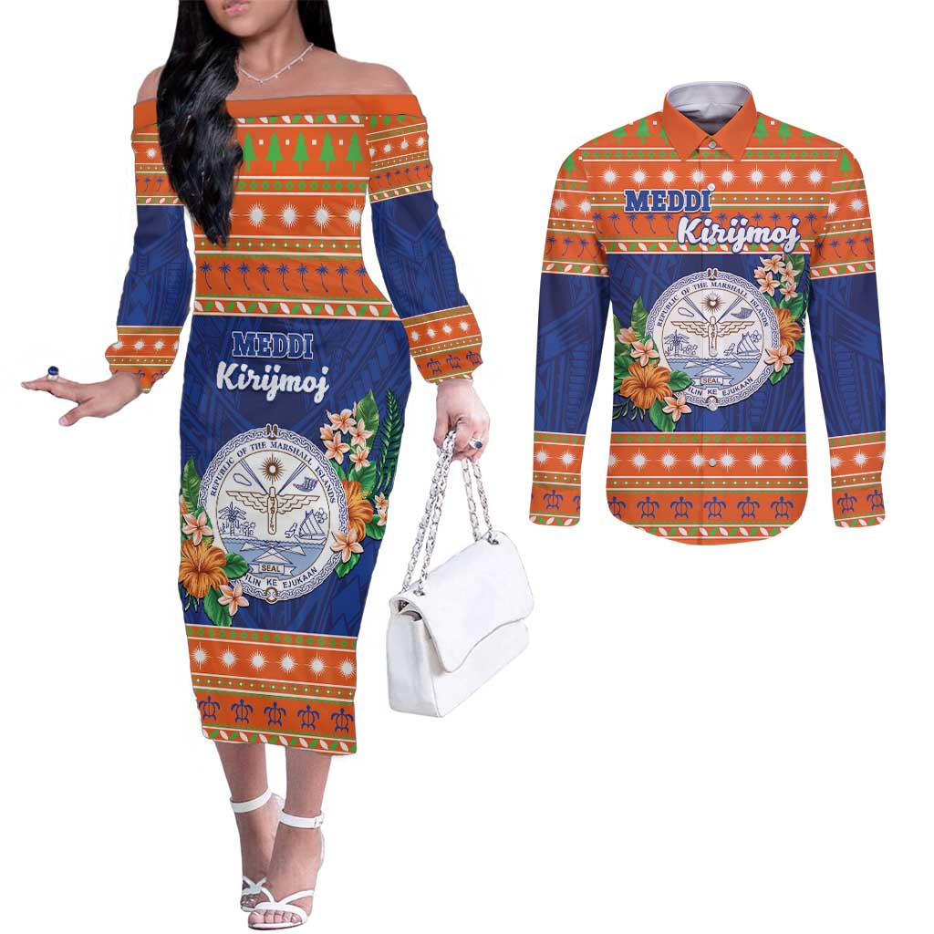 Marshall Islands Christmas Couples Matching Off The Shoulder Long Sleeve Dress and Long Sleeve Button Shirt Marshallese Seal Meddi Kirijmoj