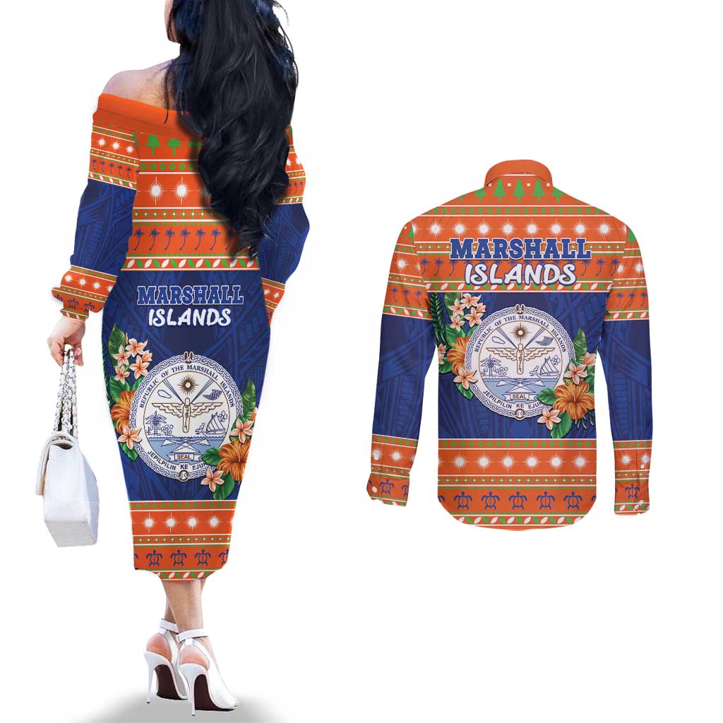 Marshall Islands Christmas Couples Matching Off The Shoulder Long Sleeve Dress and Long Sleeve Button Shirt Marshallese Seal Meddi Kirijmoj