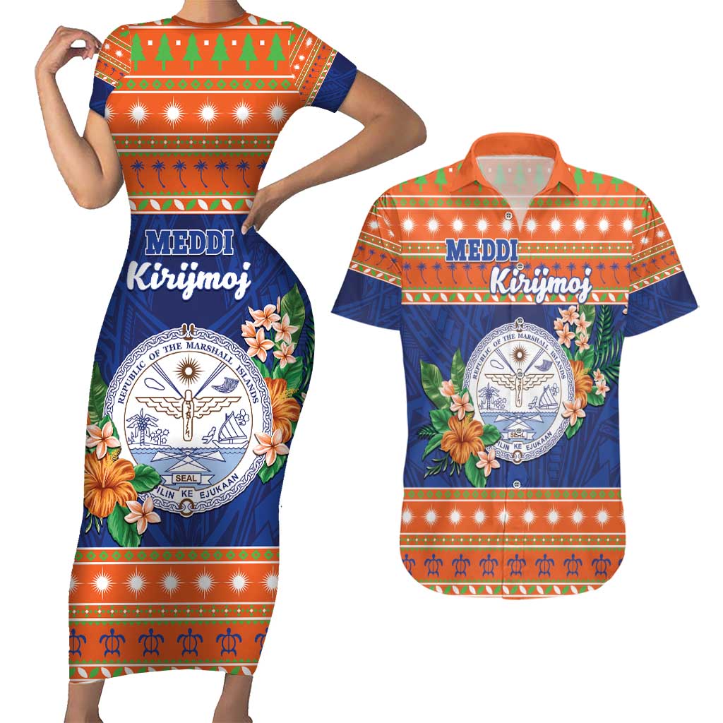 Marshall Islands Christmas Couples Matching Short Sleeve Bodycon Dress and Hawaiian Shirt Marshallese Seal Meddi Kirijmoj