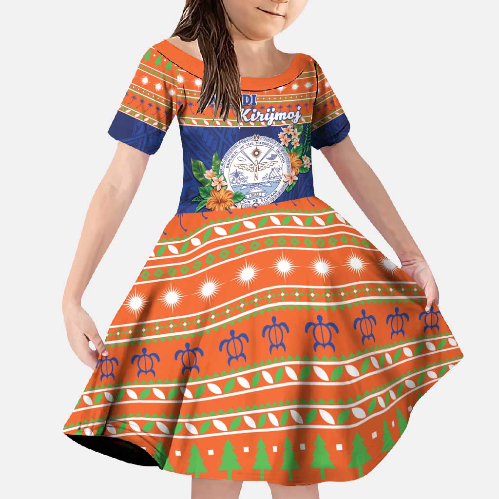Marshall Islands Christmas Family Matching Long Sleeve Bodycon Dress and Hawaiian Shirt Marshallese Seal Meddi Kirijmoj LT05 Daughter's Dress Orange - Polynesian Pride