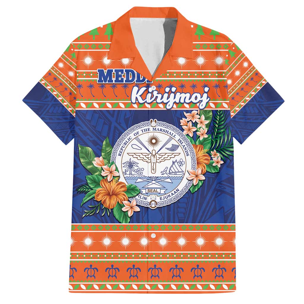 Marshall Islands Christmas Family Matching Long Sleeve Bodycon Dress and Hawaiian Shirt Marshallese Seal Meddi Kirijmoj LT05 Dad's Shirt - Short Sleeve Orange - Polynesian Pride
