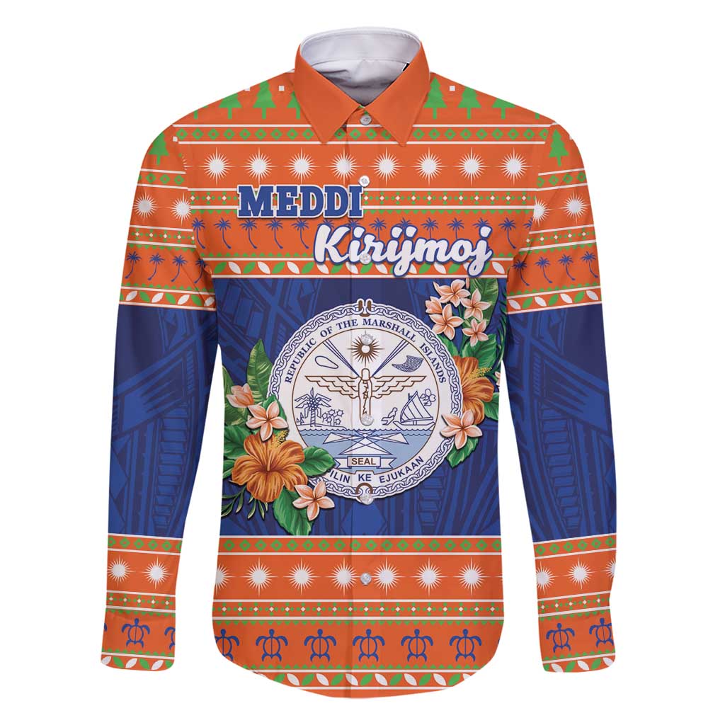 Marshall Islands Christmas Family Matching Long Sleeve Bodycon Dress and Hawaiian Shirt Marshallese Seal Meddi Kirijmoj LT05 Dad's Shirt - Long Sleeve Orange - Polynesian Pride