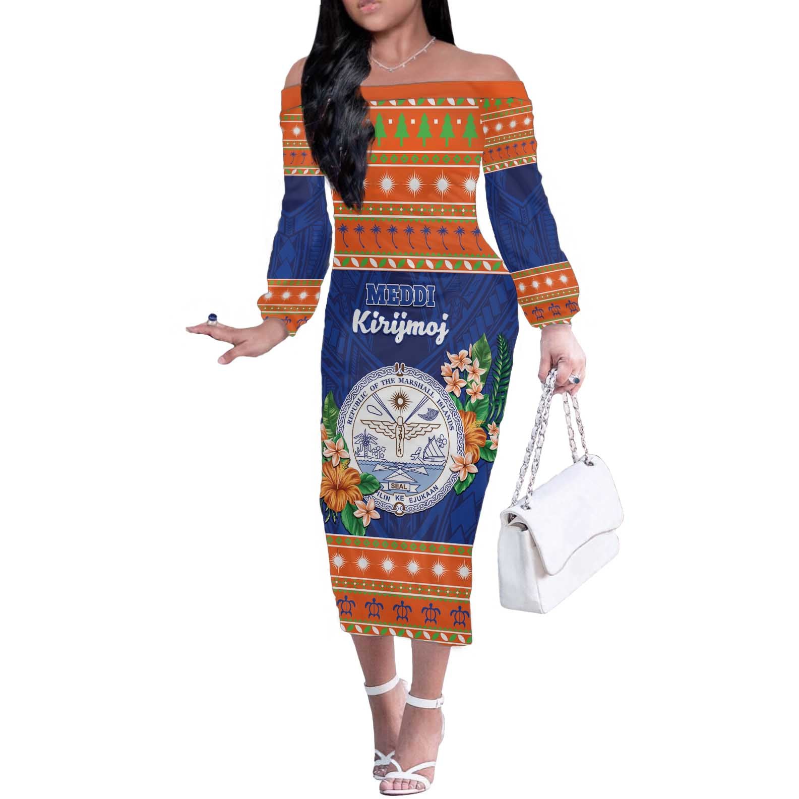 Marshall Islands Christmas Off The Shoulder Long Sleeve Dress Marshallese Seal Meddi Kirijmoj