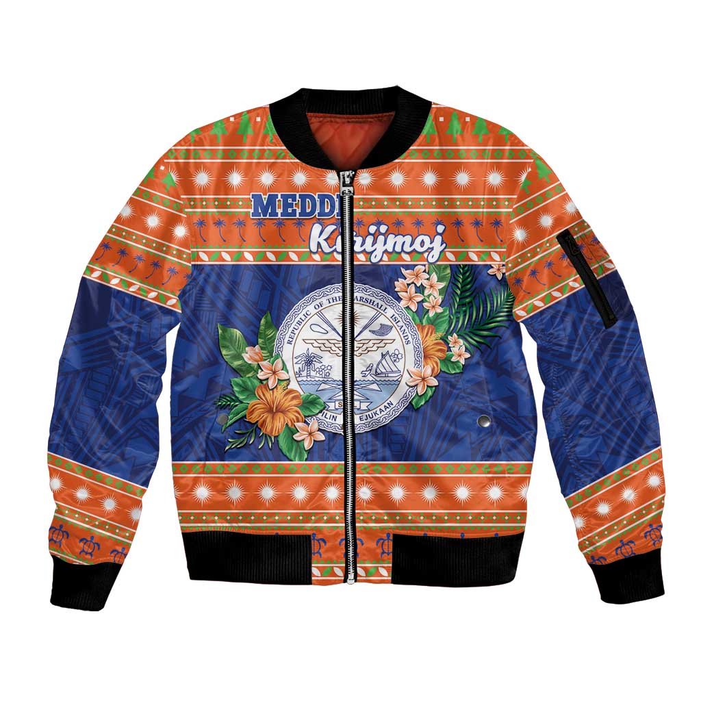 Marshall Islands Christmas Sleeve Zip Bomber Jacket Marshallese Seal Meddi Kirijmoj