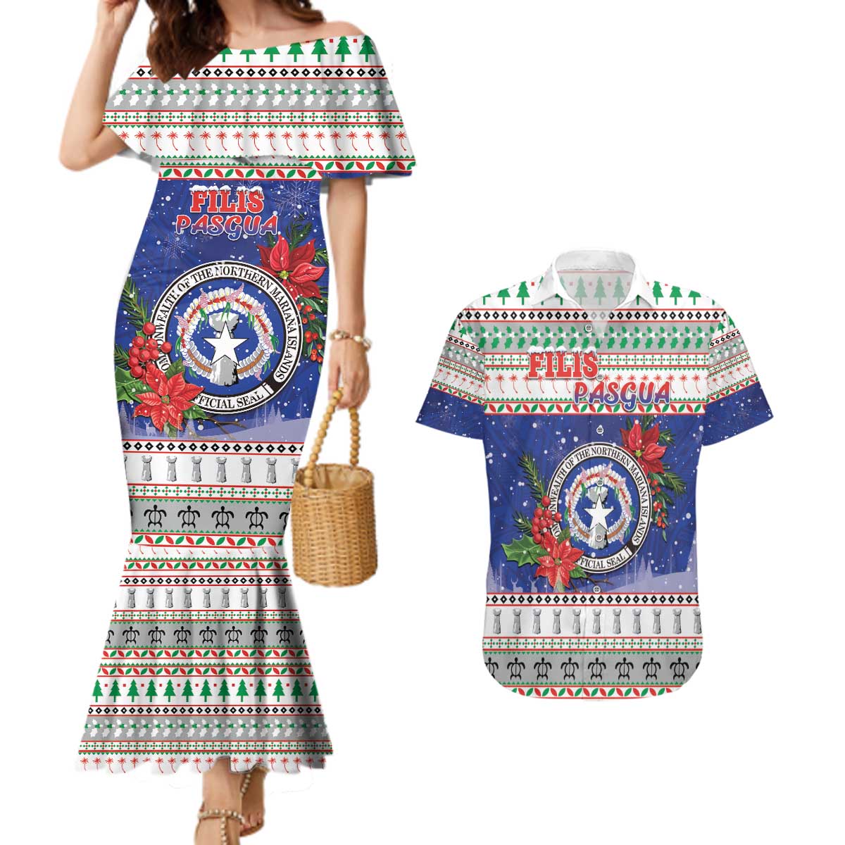 Northern Mariana Islands Christmas Couples Matching Mermaid Dress and Hawaiian Shirt Poinsettia Filis Pasgua LT05 Blue - Polynesian Pride