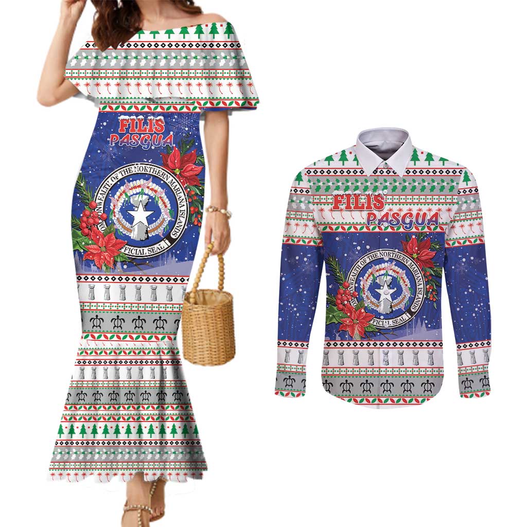 Northern Mariana Islands Christmas Couples Matching Mermaid Dress and Long Sleeve Button Shirt Poinsettia Filis Pasgua