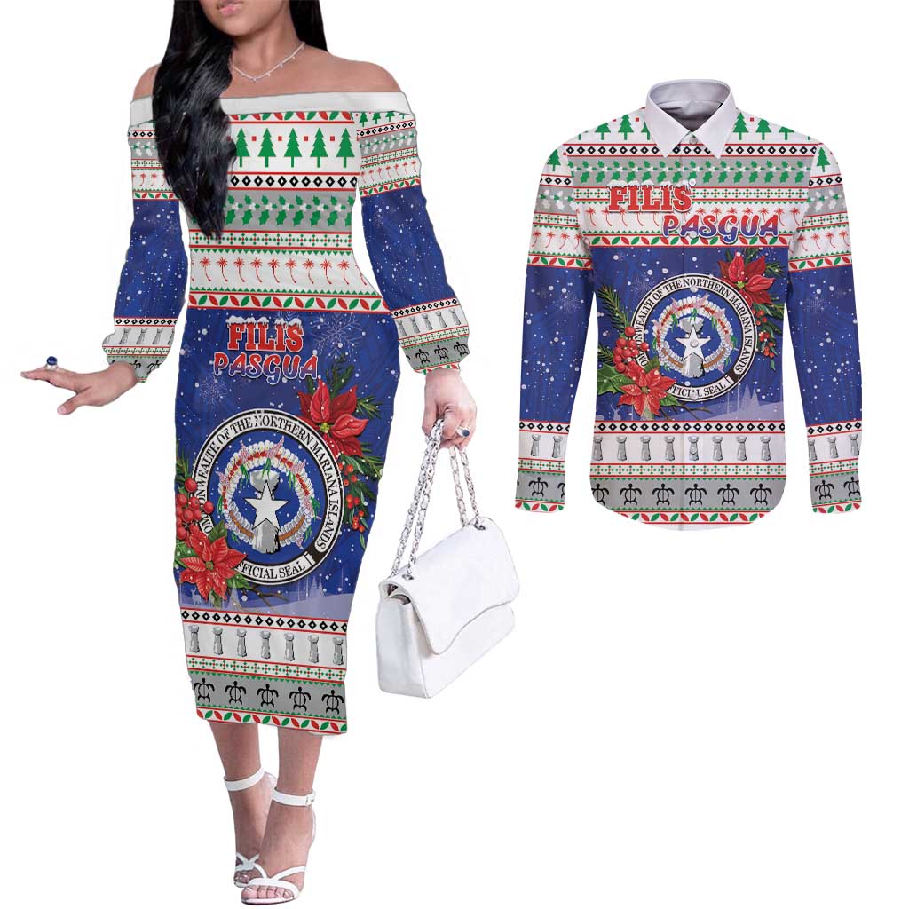 Northern Mariana Islands Christmas Couples Matching Off The Shoulder Long Sleeve Dress and Long Sleeve Button Shirt Poinsettia Filis Pasgua