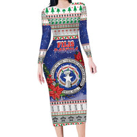 Northern Mariana Islands Christmas Family Matching Long Sleeve Bodycon Dress and Hawaiian Shirt Poinsettia Filis Pasgua LT05 Mom's Dress Blue - Polynesian Pride