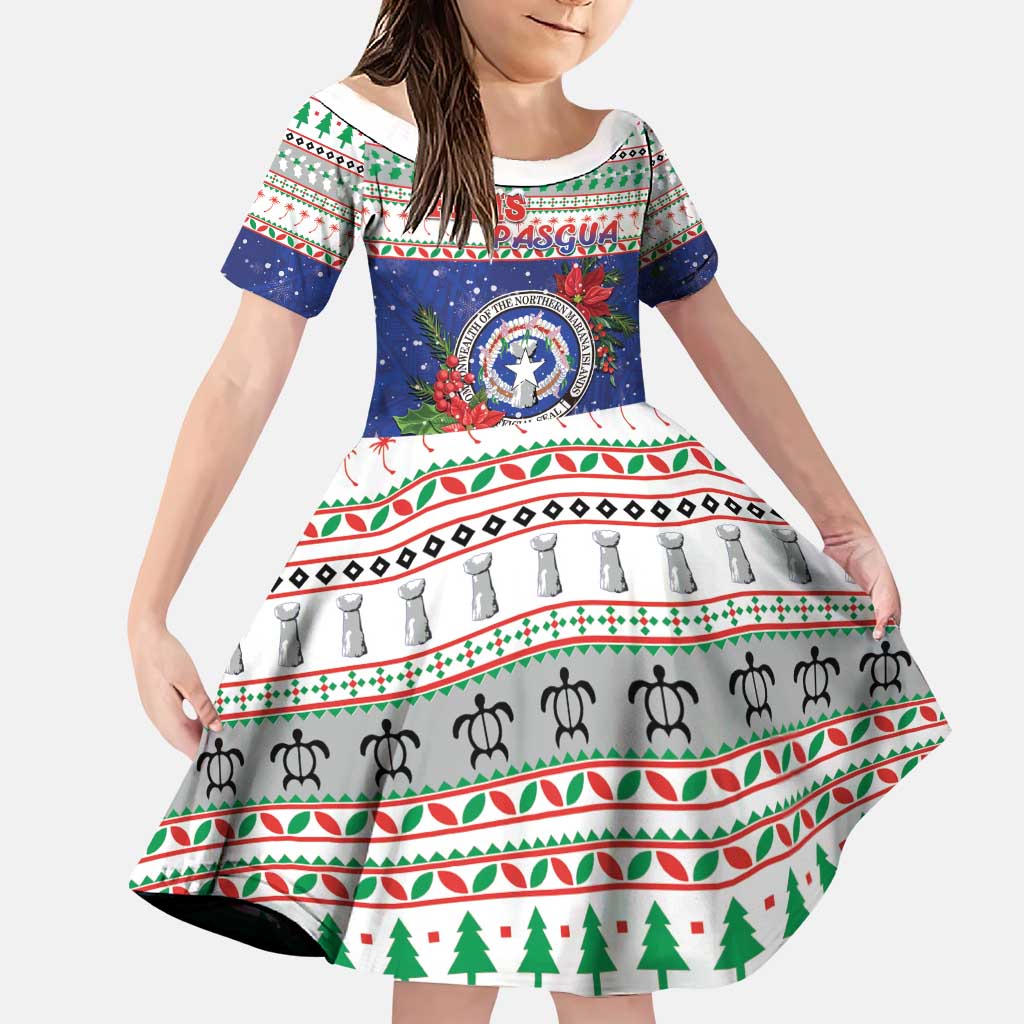 Northern Mariana Islands Christmas Family Matching Puletasi and Hawaiian Shirt Poinsettia Filis Pasgua LT05 Daughter's Dress Blue - Polynesian Pride