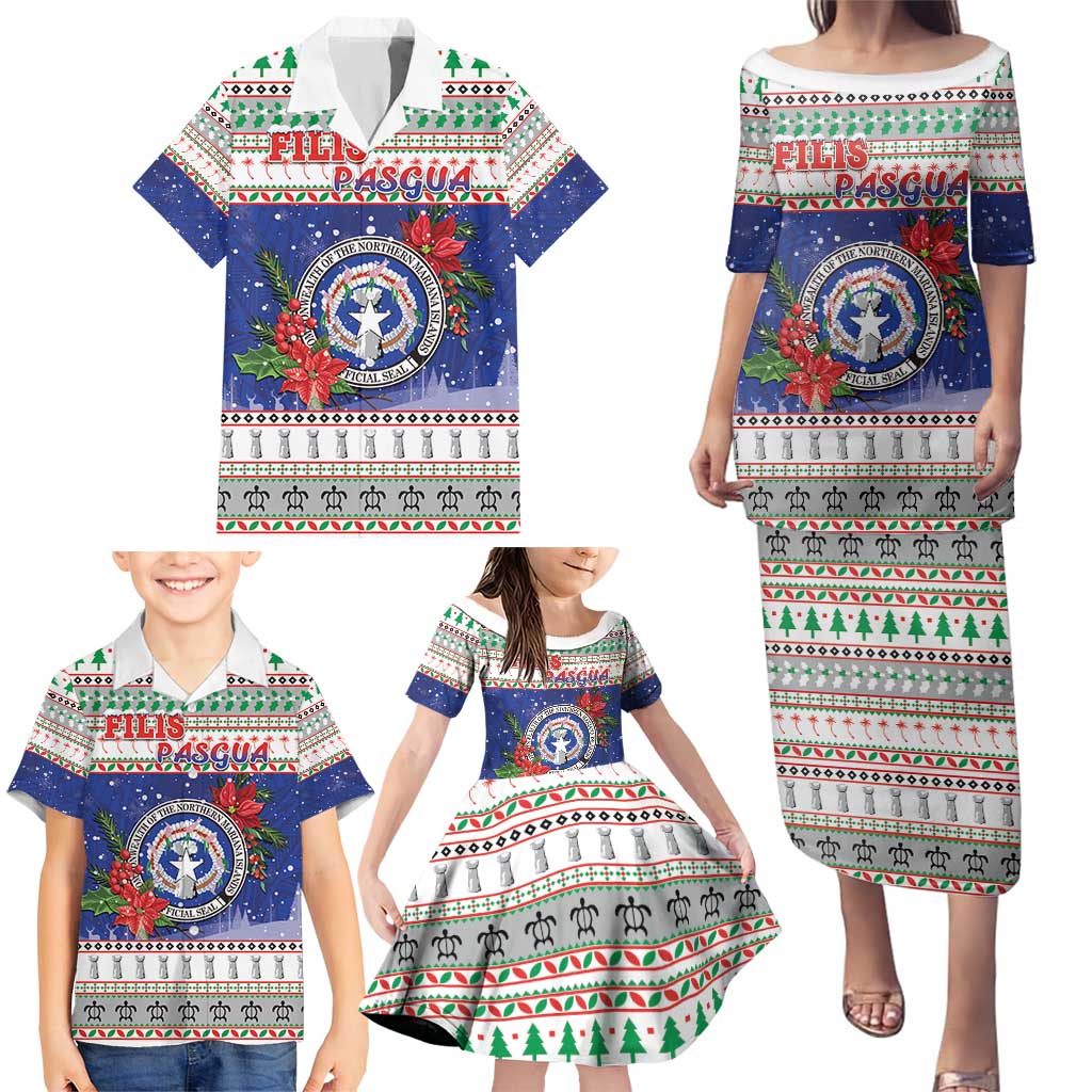 Northern Mariana Islands Christmas Family Matching Puletasi and Hawaiian Shirt Poinsettia Filis Pasgua LT05 - Polynesian Pride