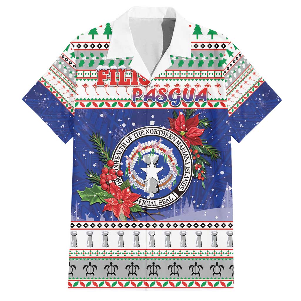 Northern Mariana Islands Christmas Family Matching Puletasi and Hawaiian Shirt Poinsettia Filis Pasgua LT05 Dad's Shirt - Short Sleeve Blue - Polynesian Pride