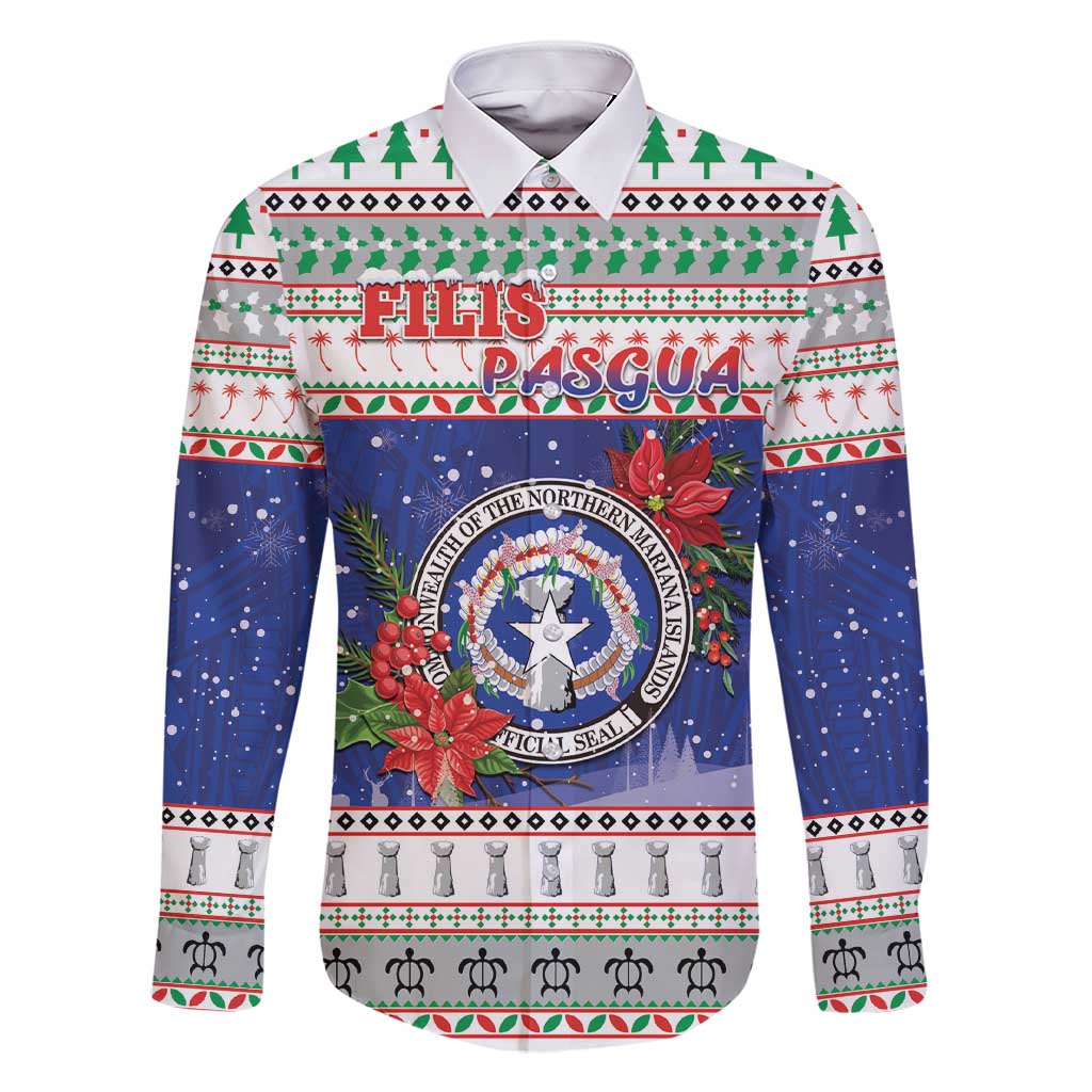 Northern Mariana Islands Christmas Family Matching Short Sleeve Bodycon Dress and Hawaiian Shirt Poinsettia Filis Pasgua LT05 Dad's Shirt - Long Sleeve Blue - Polynesian Pride