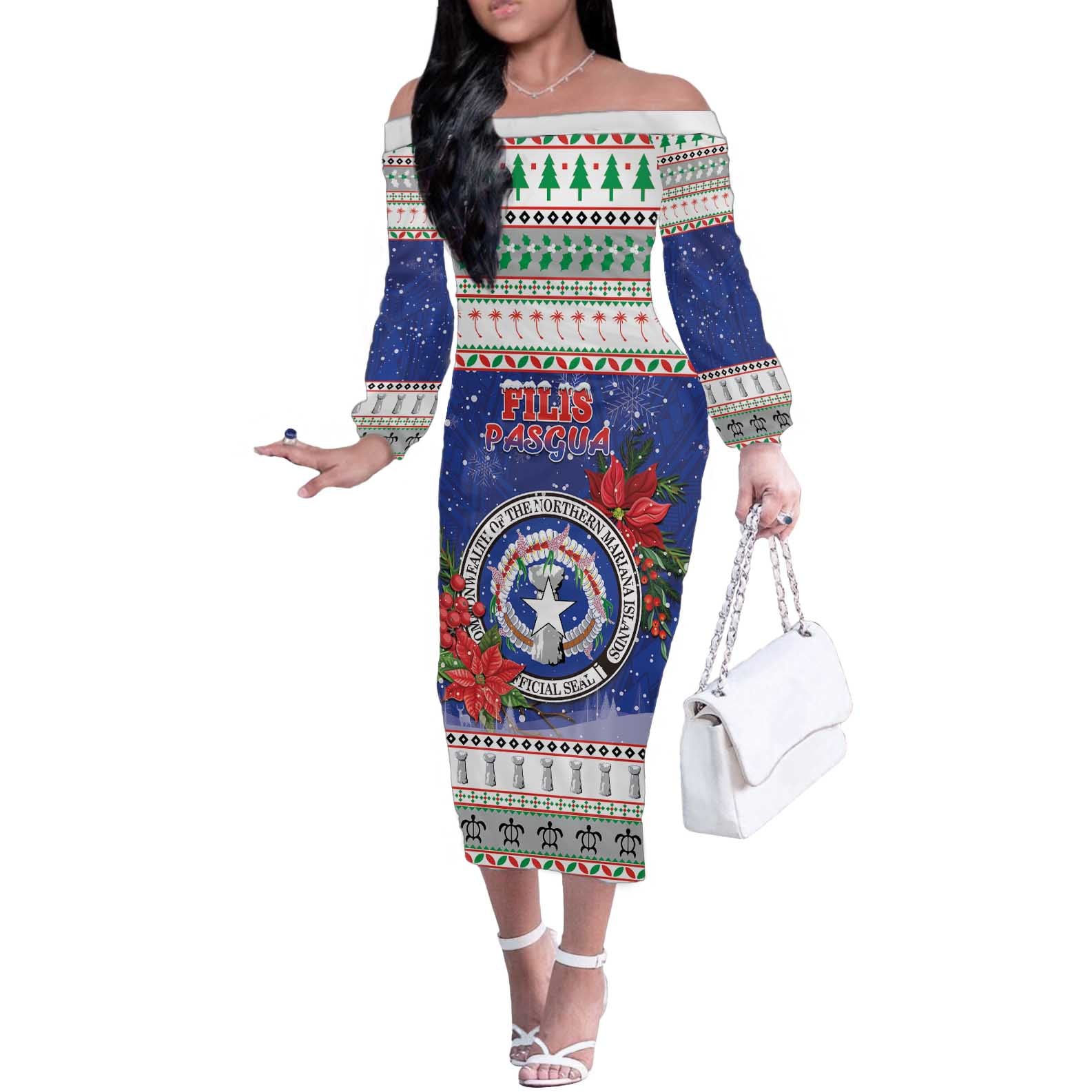 Northern Mariana Islands Christmas Off The Shoulder Long Sleeve Dress Poinsettia Filis Pasgua