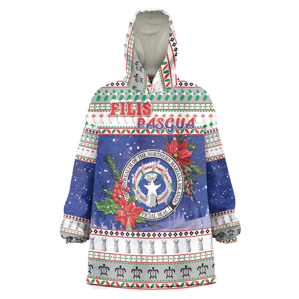 Northern Mariana Islands Christmas Wearable Blanket Hoodie Poinsettia Filis Pasgua