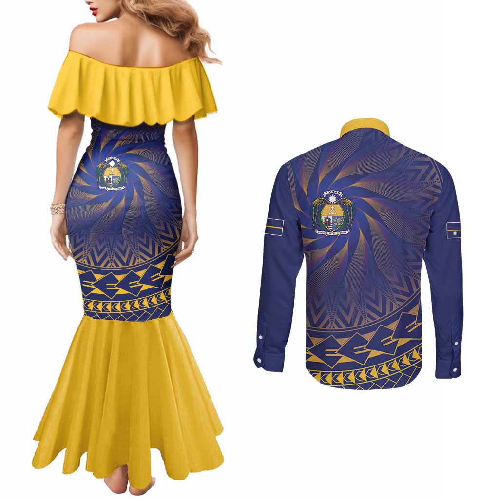 Nauru Angam Day Couples Matching Mermaid Dress and Long Sleeve Button Shirt Polynesian Tribal Pattern Unique Style - Polynesian Pride