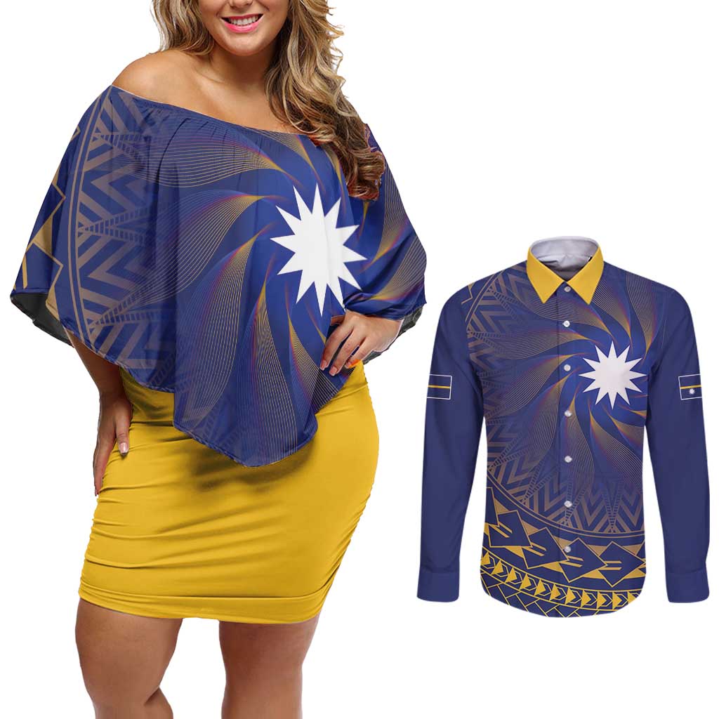Nauru Angam Day Couples Matching Off Shoulder Short Dress and Long Sleeve Button Shirt Polynesian Tribal Pattern Unique Style - Polynesian Pride