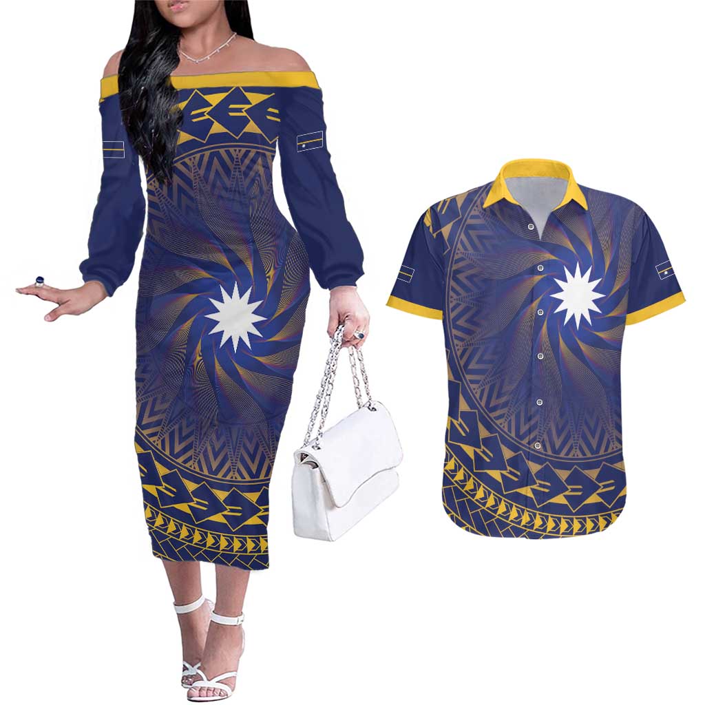 Nauru Angam Day Couples Matching Off The Shoulder Long Sleeve Dress and Hawaiian Shirt Polynesian Tribal Pattern Unique Style - Polynesian Pride