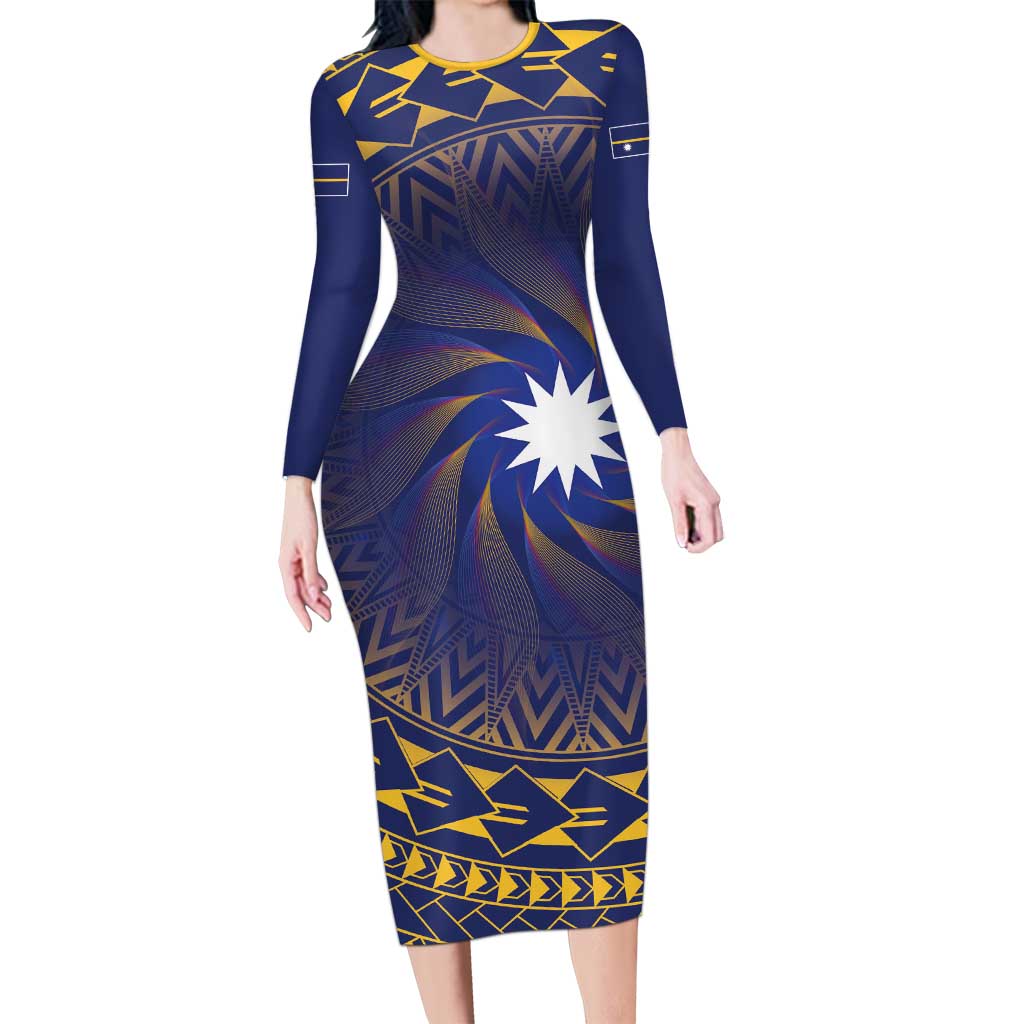Nauru Angam Day Long Sleeve Bodycon Dress Polynesian Tribal Pattern Unique Style - Polynesian Pride