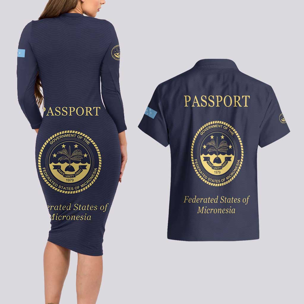 Personalised Federated States Of Micronesia Couples Matching Long Sleeve Bodycon Dress and Hawaiian Shirt FSM Passport - Polynesian Pride