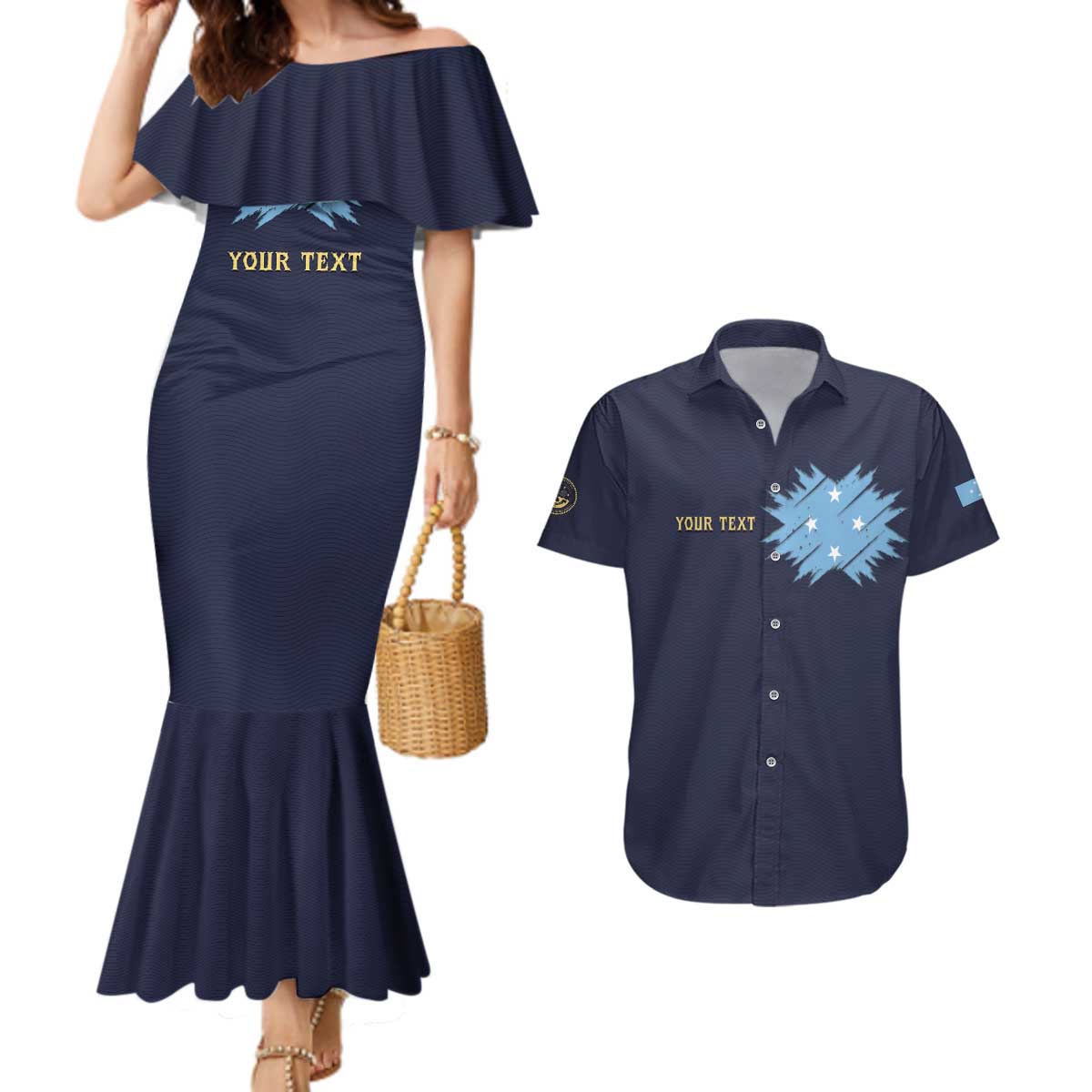 Personalised Federated States Of Micronesia Couples Matching Mermaid Dress and Hawaiian Shirt FSM Passport - Polynesian Pride
