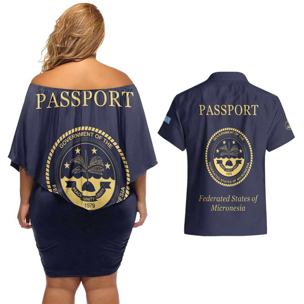 Personalised Federated States Of Micronesia Couples Matching Off Shoulder Short Dress and Hawaiian Shirt FSM Passport - Polynesian Pride
