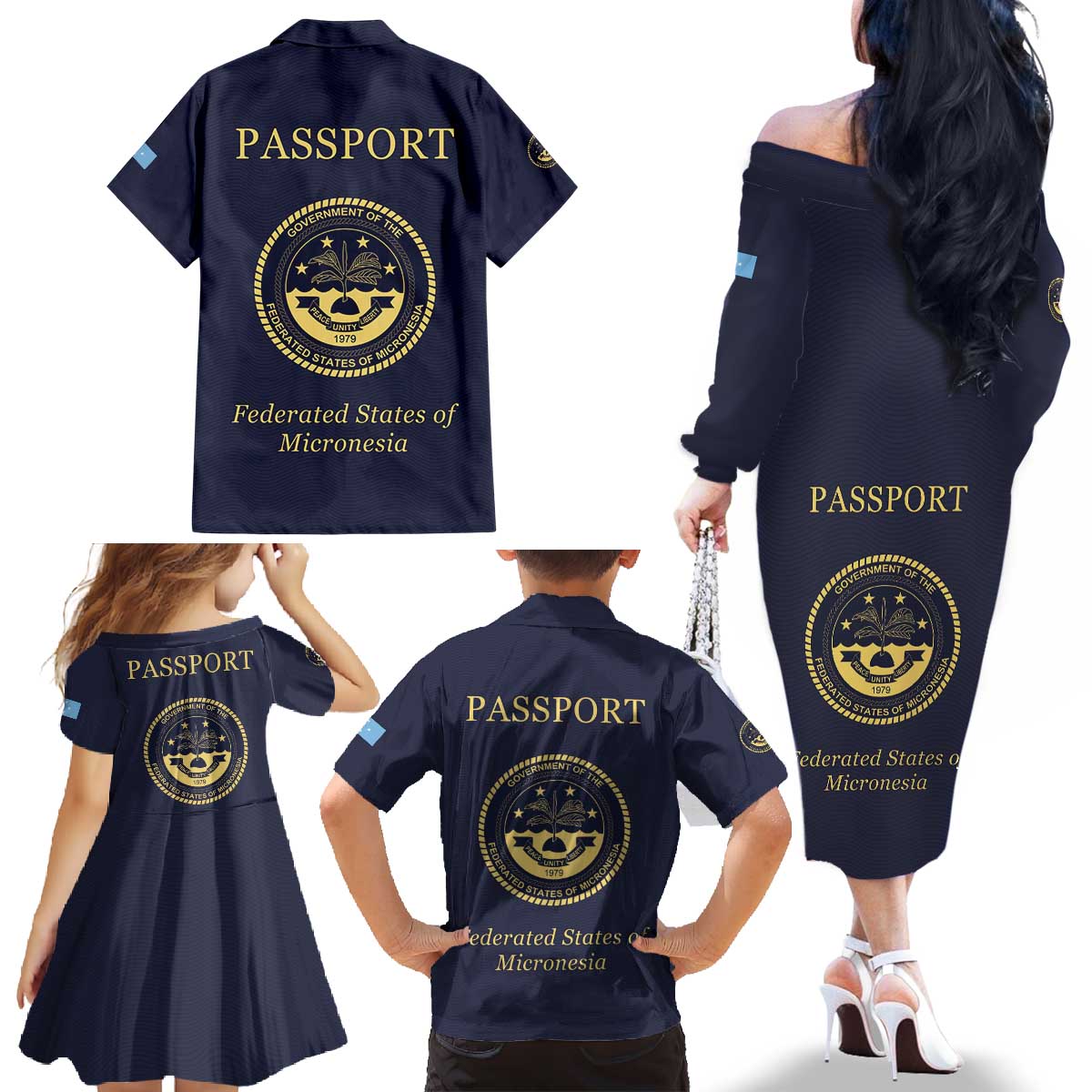 Personalised Federated States Of Micronesia Family Matching Off The Shoulder Long Sleeve Dress and Hawaiian Shirt FSM Passport - Polynesian Pride
