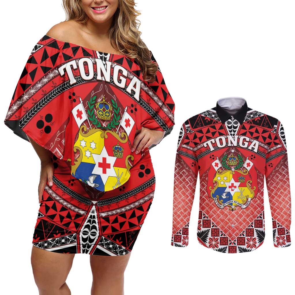 Personalised Tonga Constitution Day Couples Matching Off Shoulder Short Dress and Long Sleeve Button Shirt 150 Years Jubilee - Polynesian Pride