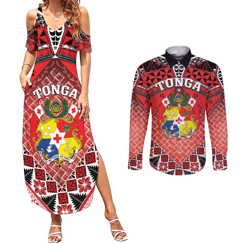 Personalised Tonga Constitution Day Couples Matching Summer Maxi Dress and Long Sleeve Button Shirt 150 Years Jubilee - Polynesian Pride