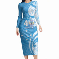 FSM Micronesia Long Sleeve Bodycon Dress 40th Independence Anniversary LT05 Long Dress Blue - Polynesian Pride