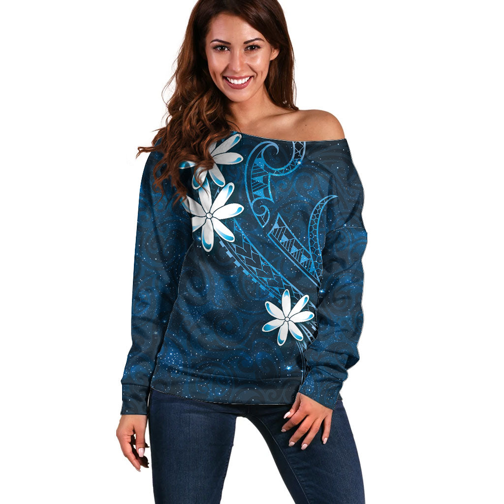 Tahiti Matarii Off Shoulder Sweater Tahitian Spring Blue Galaxy LT05 Women Blue - Polynesian Pride