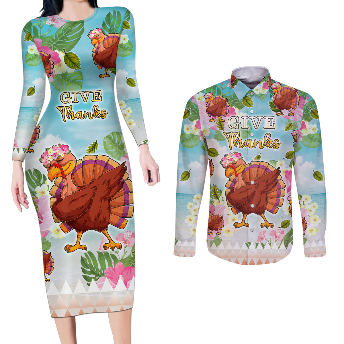Hawaii Thanksgiving Couples Matching Long Sleeve Bodycon Dress and Long Sleeve Button Shirt Funny Turkey Dabbing Dance LT05 Blue - Polynesian Pride