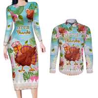 Hawaii Thanksgiving Couples Matching Long Sleeve Bodycon Dress and Long Sleeve Button Shirt Funny Turkey Dabbing Dance LT05 Blue - Polynesian Pride