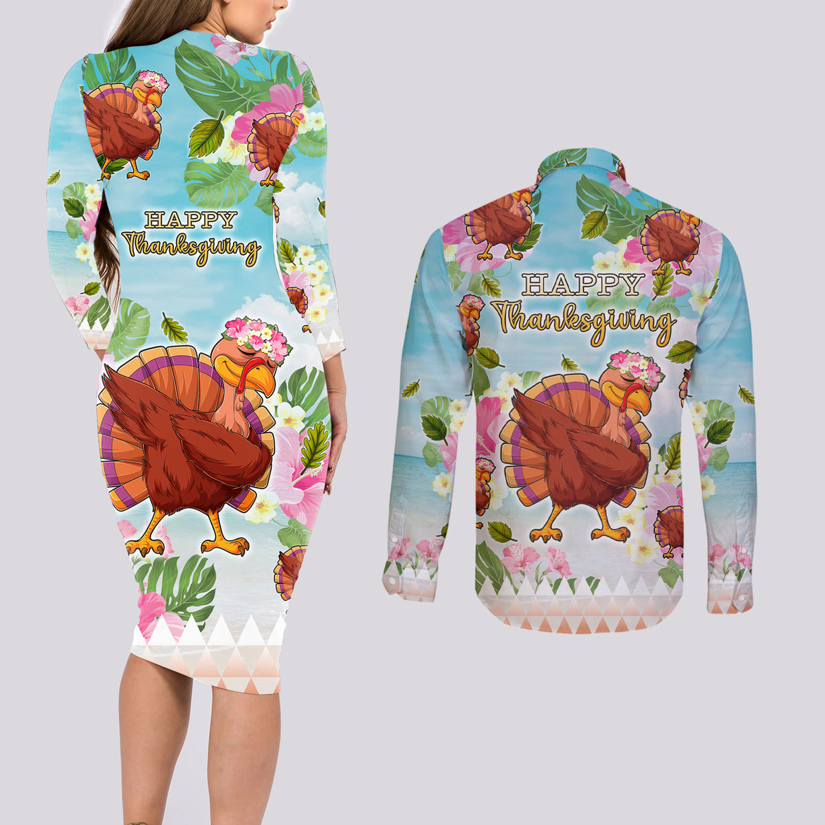 Hawaii Thanksgiving Couples Matching Long Sleeve Bodycon Dress and Long Sleeve Button Shirt Funny Turkey Dabbing Dance LT05 - Polynesian Pride