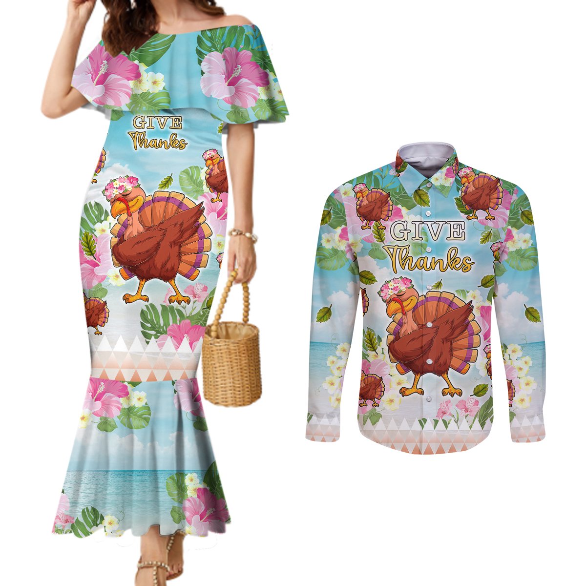 Hawaii Thanksgiving Couples Matching Mermaid Dress and Long Sleeve Button Shirt Funny Turkey Dabbing Dance LT05 Blue - Polynesian Pride