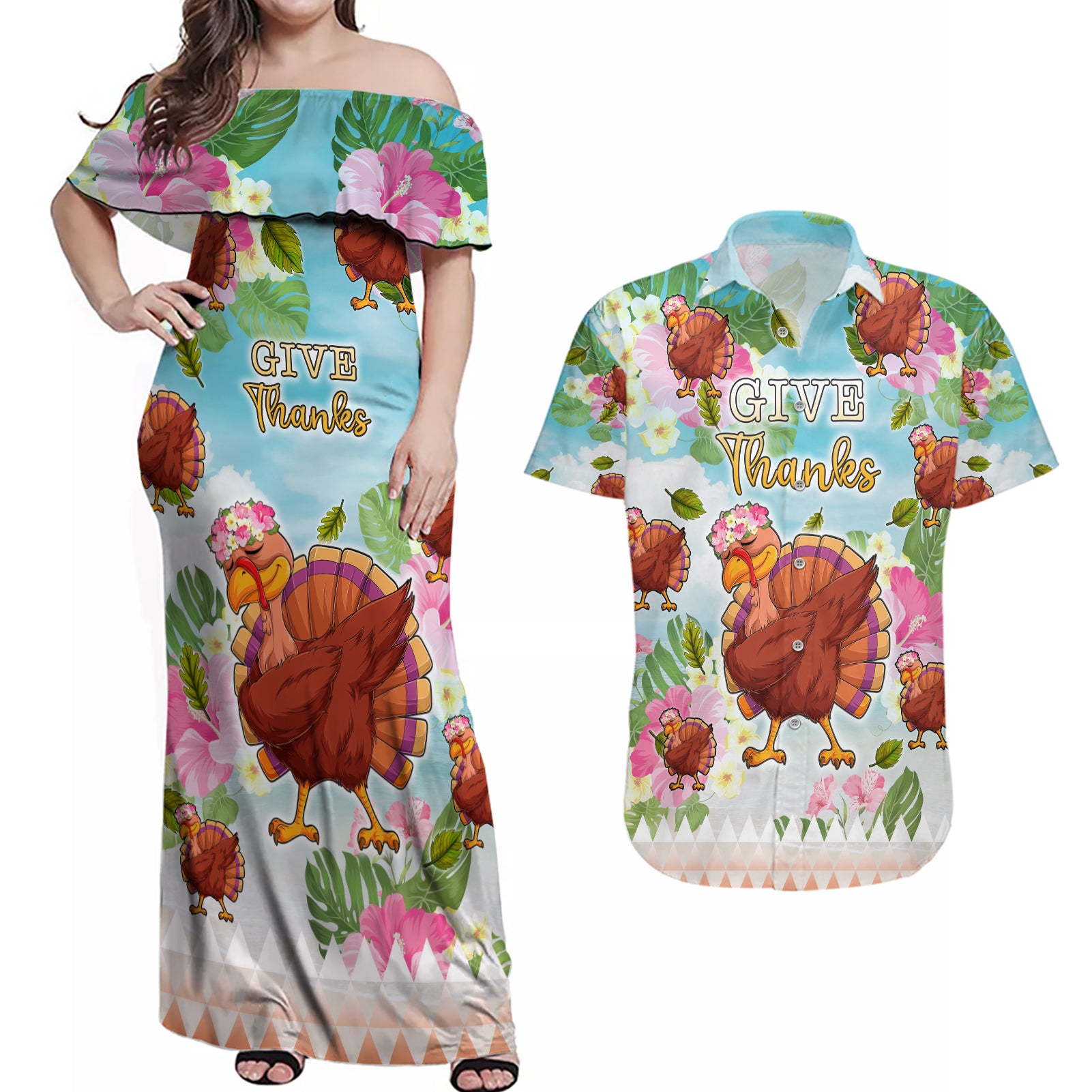 Hawaii Thanksgiving Couples Matching Off Shoulder Maxi Dress and Hawaiian Shirt Funny Turkey Dabbing Dance LT05 Blue - Polynesian Pride