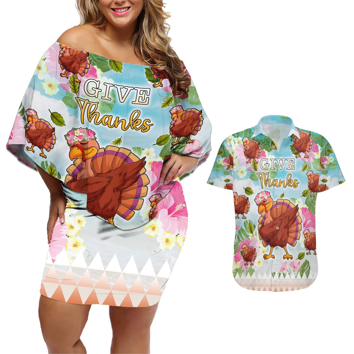 Hawaii Thanksgiving Couples Matching Off Shoulder Short Dress and Hawaiian Shirt Funny Turkey Dabbing Dance LT05 Blue - Polynesian Pride