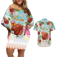 Hawaii Thanksgiving Couples Matching Off Shoulder Short Dress and Hawaiian Shirt Funny Turkey Dabbing Dance LT05 Blue - Polynesian Pride