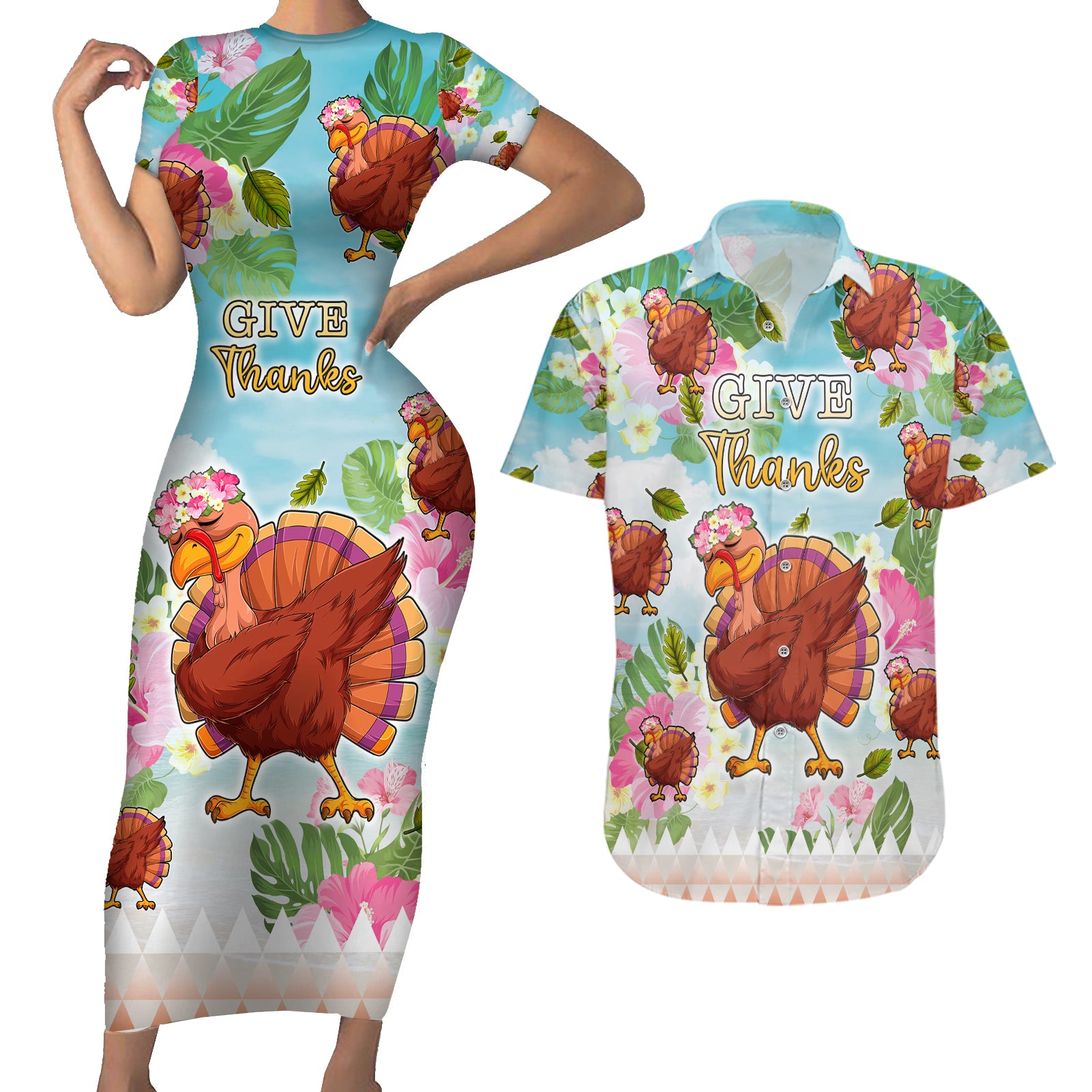 Hawaii Thanksgiving Couples Matching Short Sleeve Bodycon Dress and Hawaiian Shirt Funny Turkey Dabbing Dance LT05 Blue - Polynesian Pride