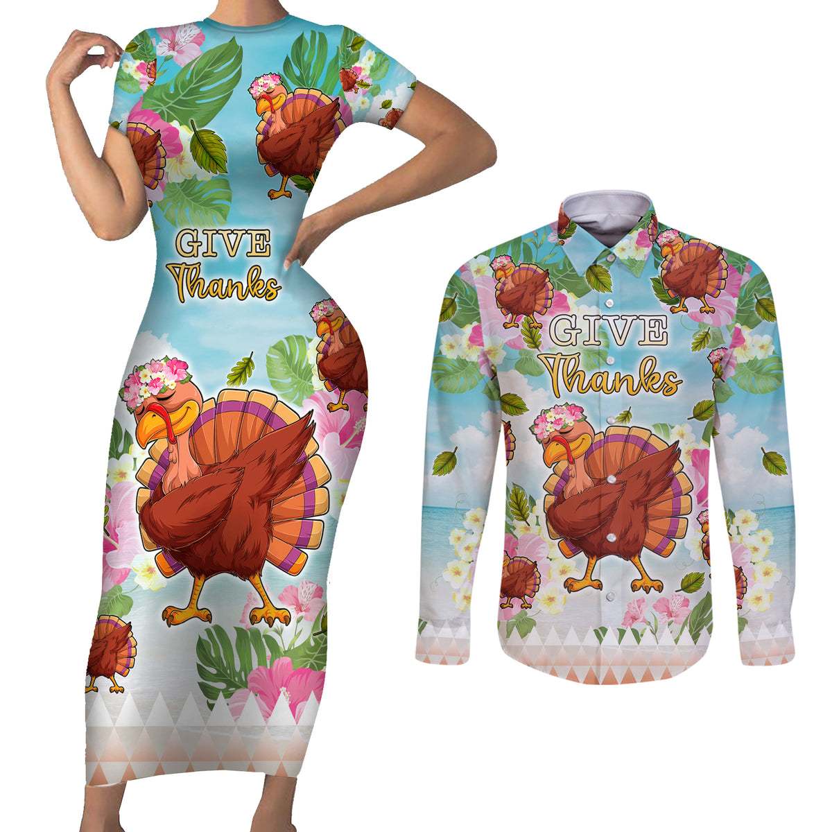 Hawaii Thanksgiving Couples Matching Short Sleeve Bodycon Dress and Long Sleeve Button Shirt Funny Turkey Dabbing Dance LT05 Blue - Polynesian Pride