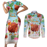 Hawaii Thanksgiving Couples Matching Short Sleeve Bodycon Dress and Long Sleeve Button Shirt Funny Turkey Dabbing Dance LT05 Blue - Polynesian Pride