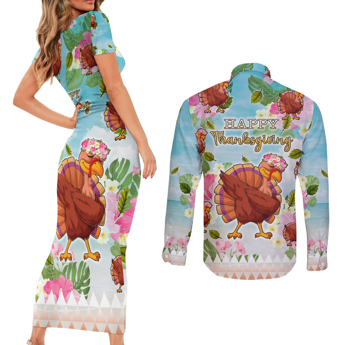 Hawaii Thanksgiving Couples Matching Short Sleeve Bodycon Dress and Long Sleeve Button Shirt Funny Turkey Dabbing Dance LT05 - Polynesian Pride
