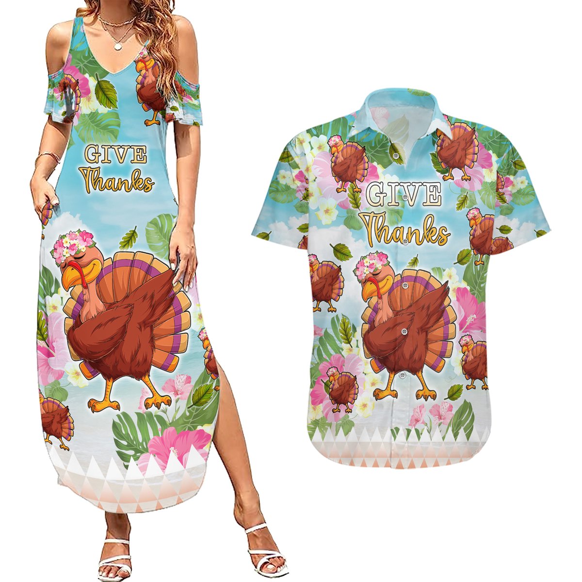 Hawaii Thanksgiving Couples Matching Summer Maxi Dress and Hawaiian Shirt Funny Turkey Dabbing Dance LT05 Blue - Polynesian Pride